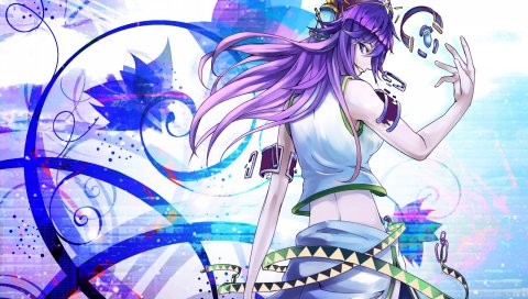 Megurine luka, девушка, длинные волосы, улыбка, розовые волосы, чулки, наушники, волна, пояс, браслет, взрыв