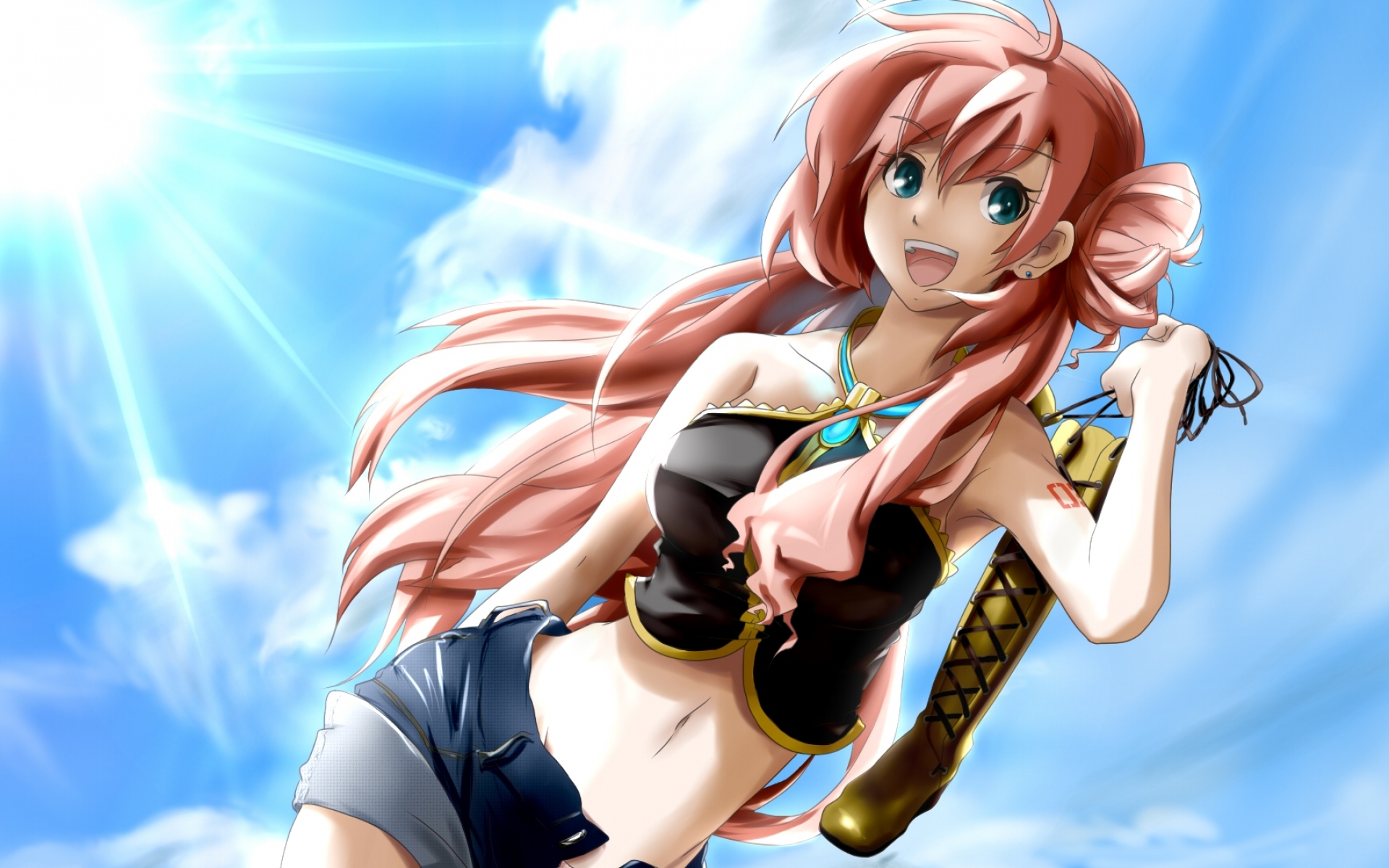 Картинки Вокалоид, девушка megurine luka, длинные волосы, голубые глаза, открытый рот, розовые волосы, пупок, туфли туфли, шорты фото и обои на рабочий стол