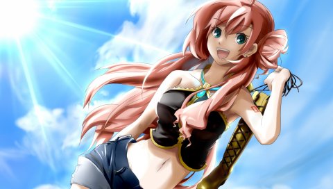 Вокалоид, девушка megurine luka, длинные волосы, голубые глаза, открытый рот, розовые волосы, пупок, туфли туфли, шорты