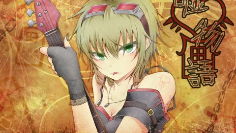 Gumi, девушка, зелёные волосы, очки, краска, тату, язык, пирсинг