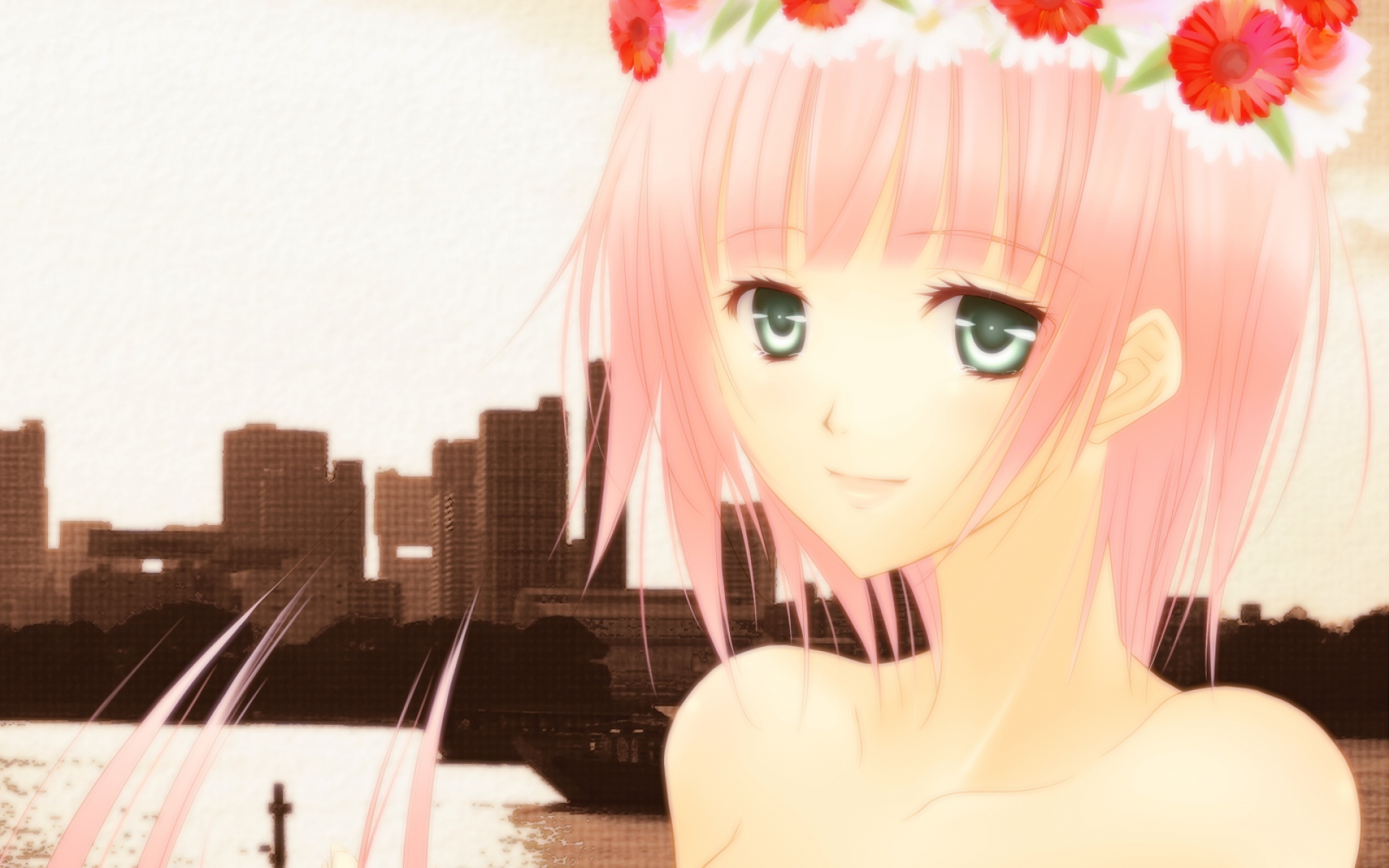 Картинки Megurine luka, девушка, плечи, улыбка, лицо, венок фото и обои на рабочий стол