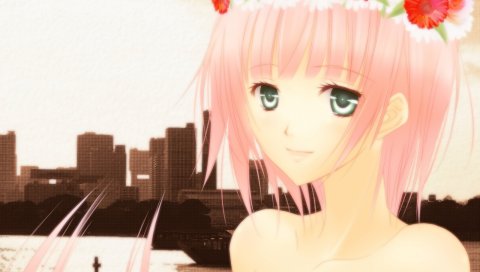 Megurine luka, девушка, плечи, улыбка, лицо, венок