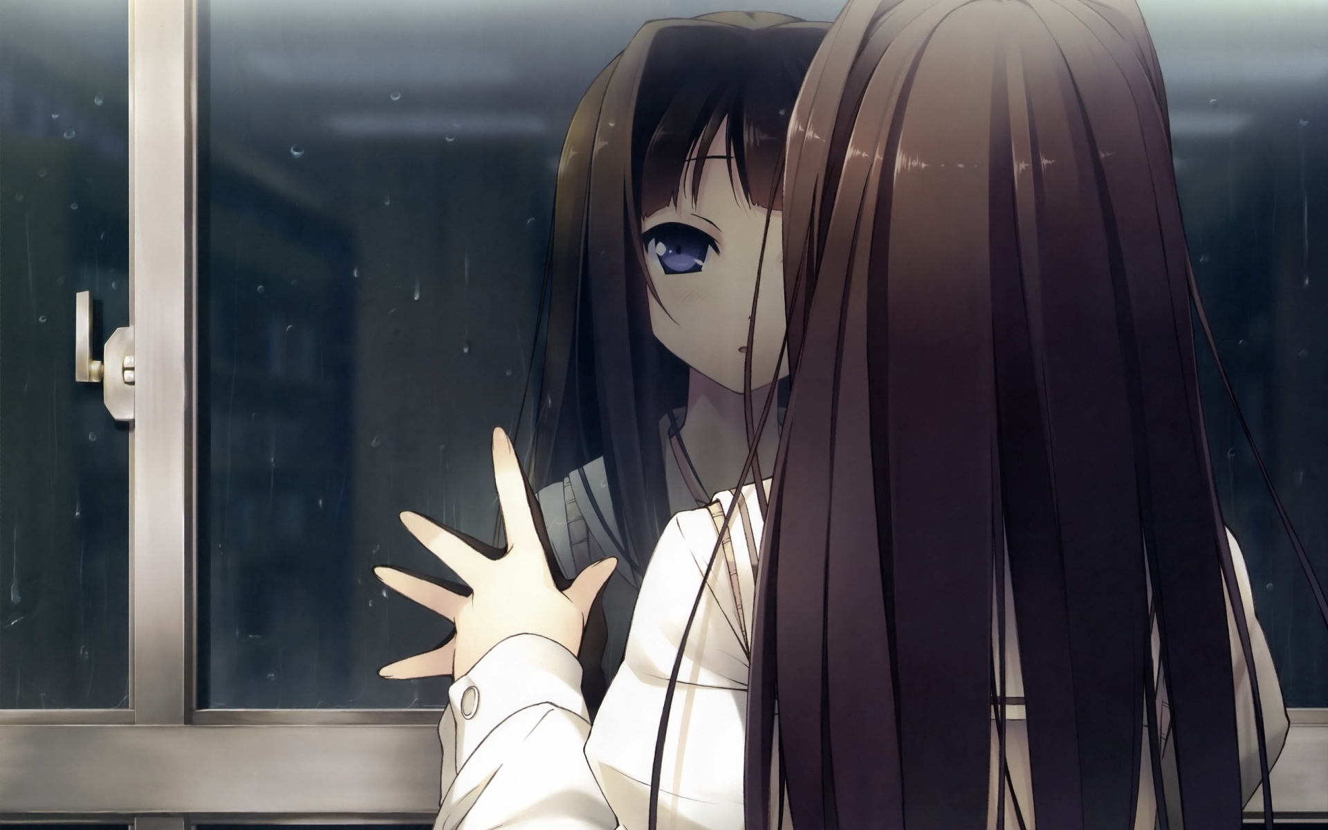 Картинки Аниме девушка, окно, отражение, падение, дождь, взгляд фото и обои на рабочий стол