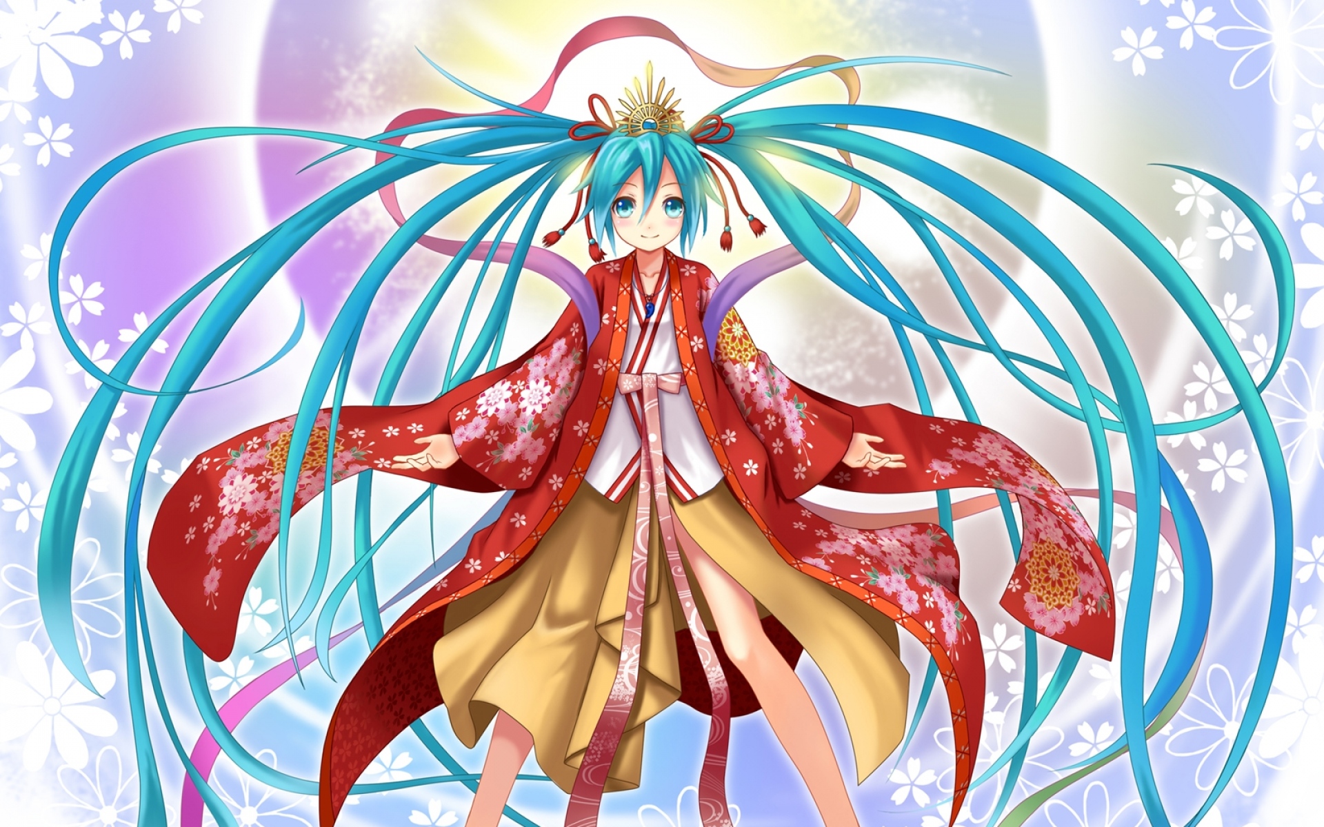 Картинки Hatsune miku, девушка, голубые глаза, два хвоста, ремни, кимоно, волосы, украшения фото и обои на рабочий стол