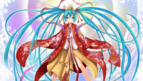 Hatsune miku, девушка, голубые глаза, два хвоста, ремни, кимоно, волосы, украшения