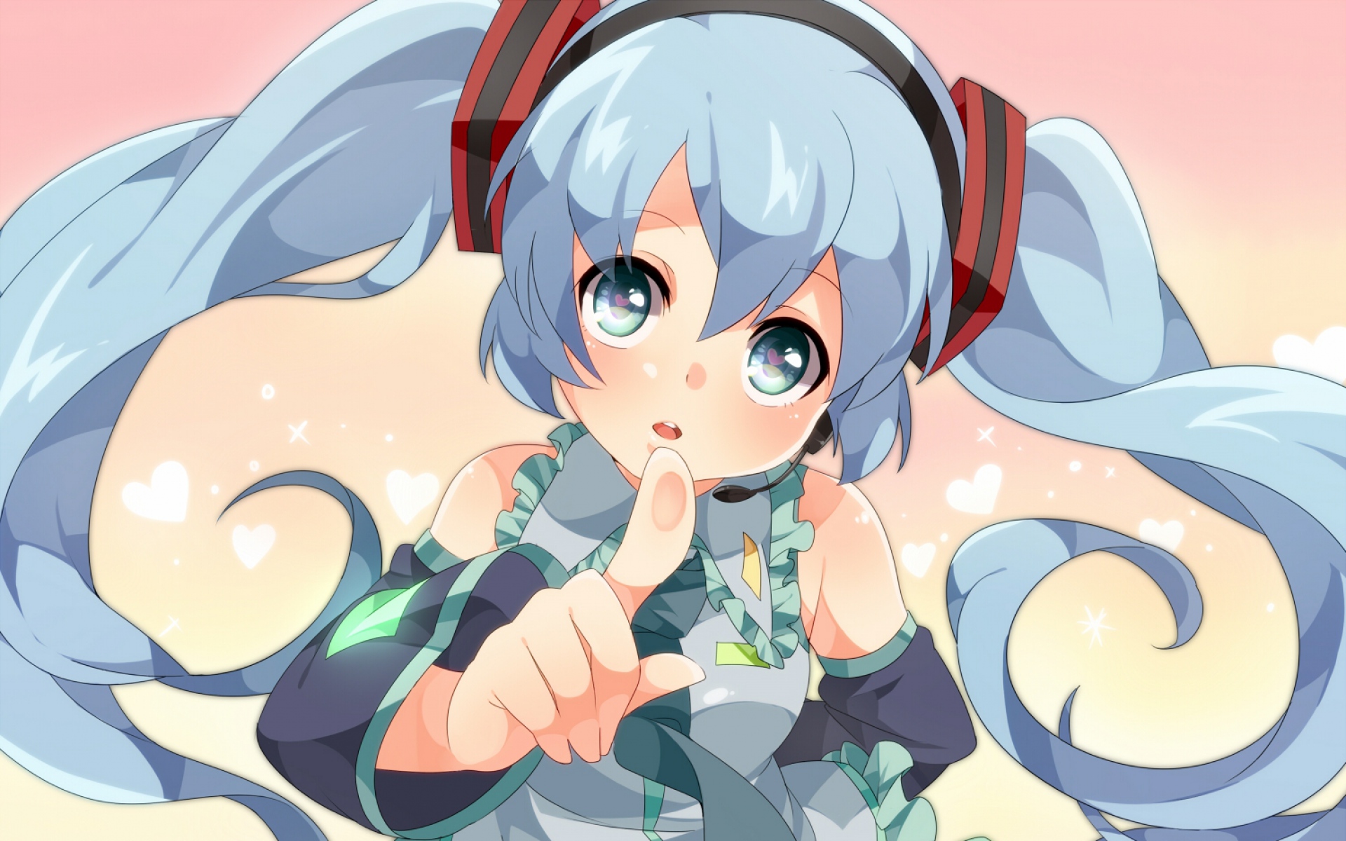 Картинки Вокалоид, девушка hatsune miku, румянец, зеленые глаза, два хвоста, галстук, наушники фото и обои на рабочий стол