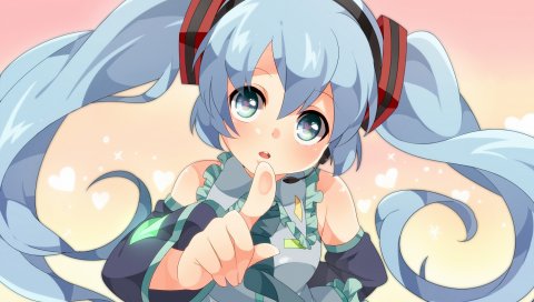 Вокалоид, девушка hatsune miku, румянец, зеленые глаза, два хвоста, галстук, наушники