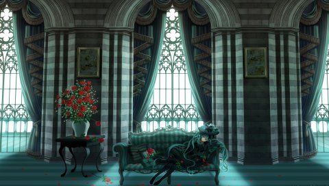 Hatsune miku, платье, цветы, ваза, комната