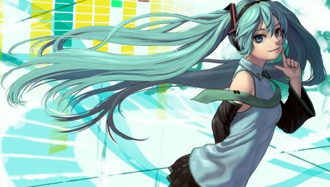 Hatsune miku, девушка, два хвоста, юбка, галстук, наушники, волосы