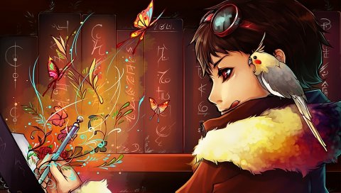 Искусство, udonnodu, мальчик, попугай, книги, рисунок, книга, очки, цветы, бабочки
