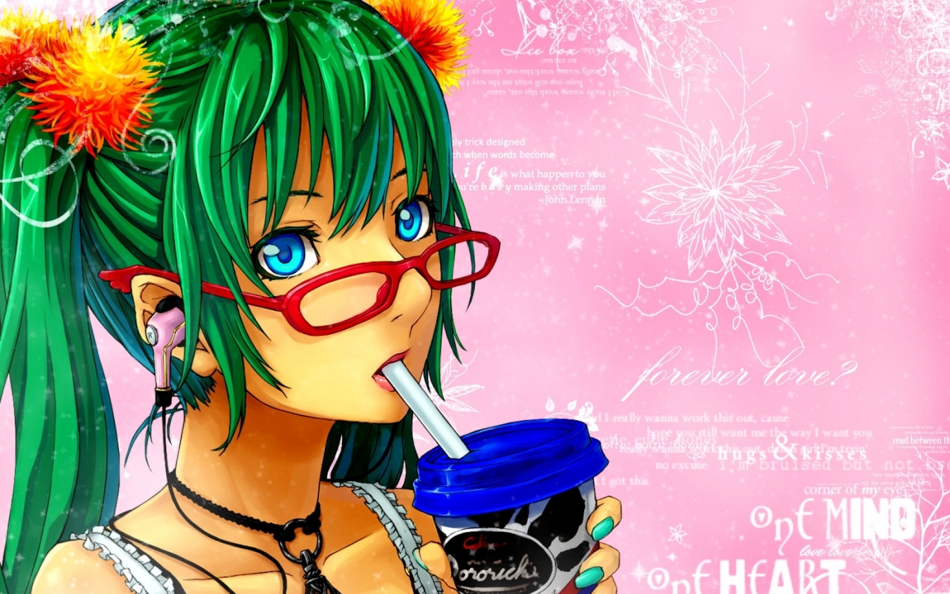 Картинки Hatsune miku, девушка, голубые глаза, два хвоста, зеленые волосы, очки, наушники, украшения, гвоздь, проволока фото и обои на рабочий стол