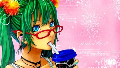 Hatsune miku, девушка, голубые глаза, два хвоста, зеленые волосы, очки, наушники, украшения, гвоздь, проволока