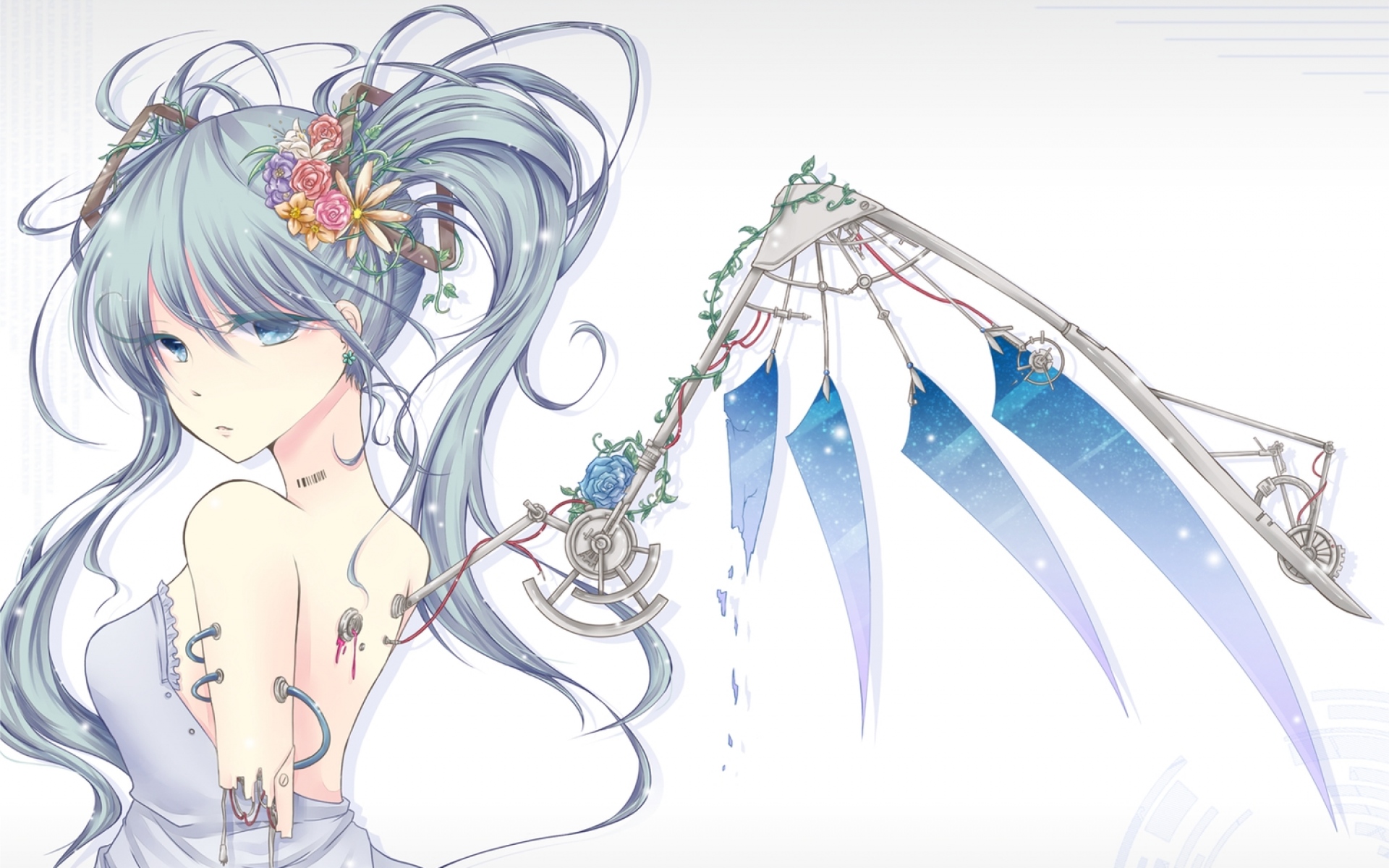 Картинки Hatsune miku, девушка, голубые глаза, два хвоста, цветок, проволочный робот, механические крылья фото и обои на рабочий стол