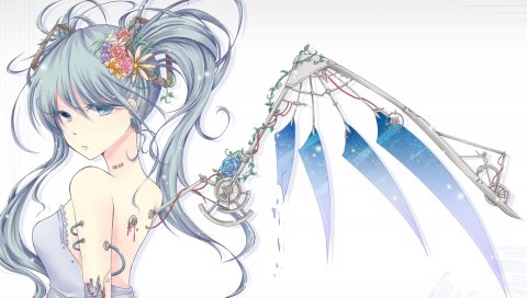Hatsune miku, девушка, голубые глаза, два хвоста, цветок, проволочный робот, механические крылья