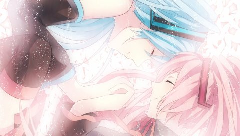 Hatsune miku, sakura miku длинные волосы, два хвоста, улыбки, две девушки, чулки, закрытые глаза, драгоценности