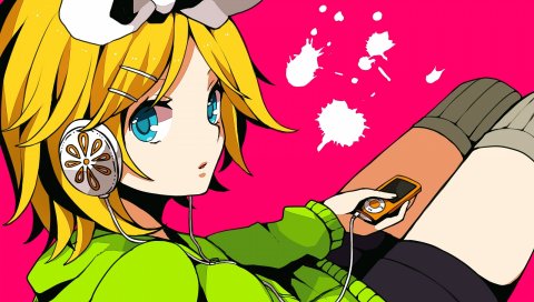 Kagamine rin, девушка, чулки, лук, наушники, пояс, шорты, булавка, капюшон