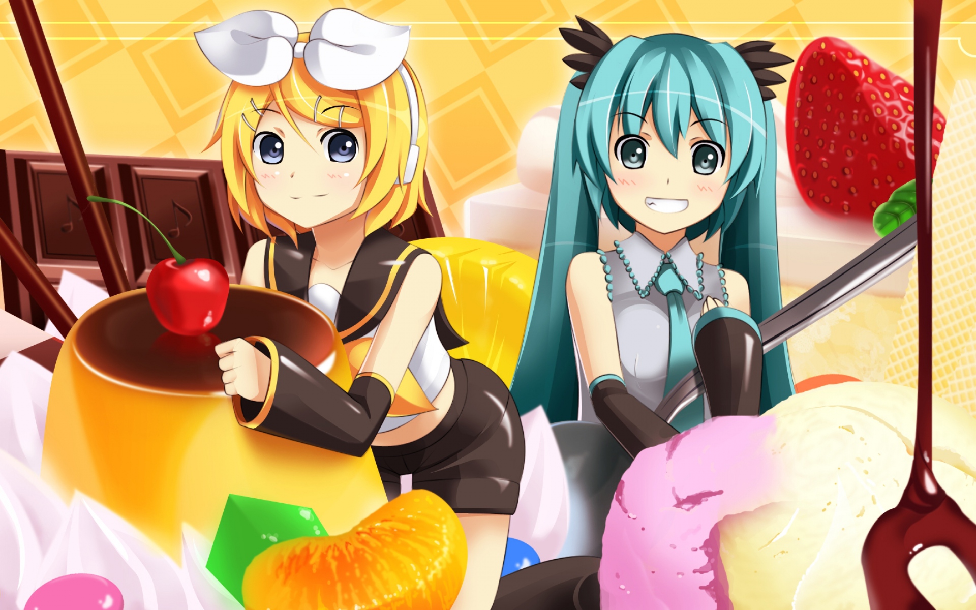 Картинки Hatsune miku, kagamine rin, два хвоста, улыбка, две девочки, галстук фото и обои на рабочий стол