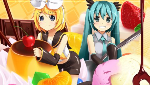 Hatsune miku, kagamine rin, два хвоста, улыбка, две девочки, галстук
