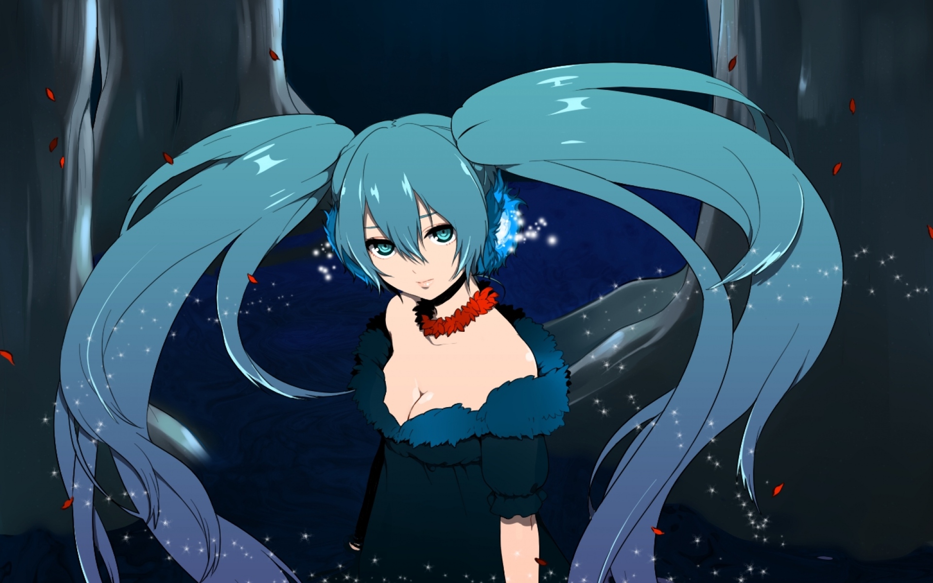 Картинки Hatsune miku, девушка, два хвоста, голые плечи, лепестки, дерево, шея, воротник, отражение фото и обои на рабочий стол