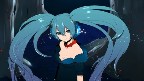 Hatsune miku, девушка, два хвоста, голые плечи, лепестки, дерево, шея, воротник, отражение