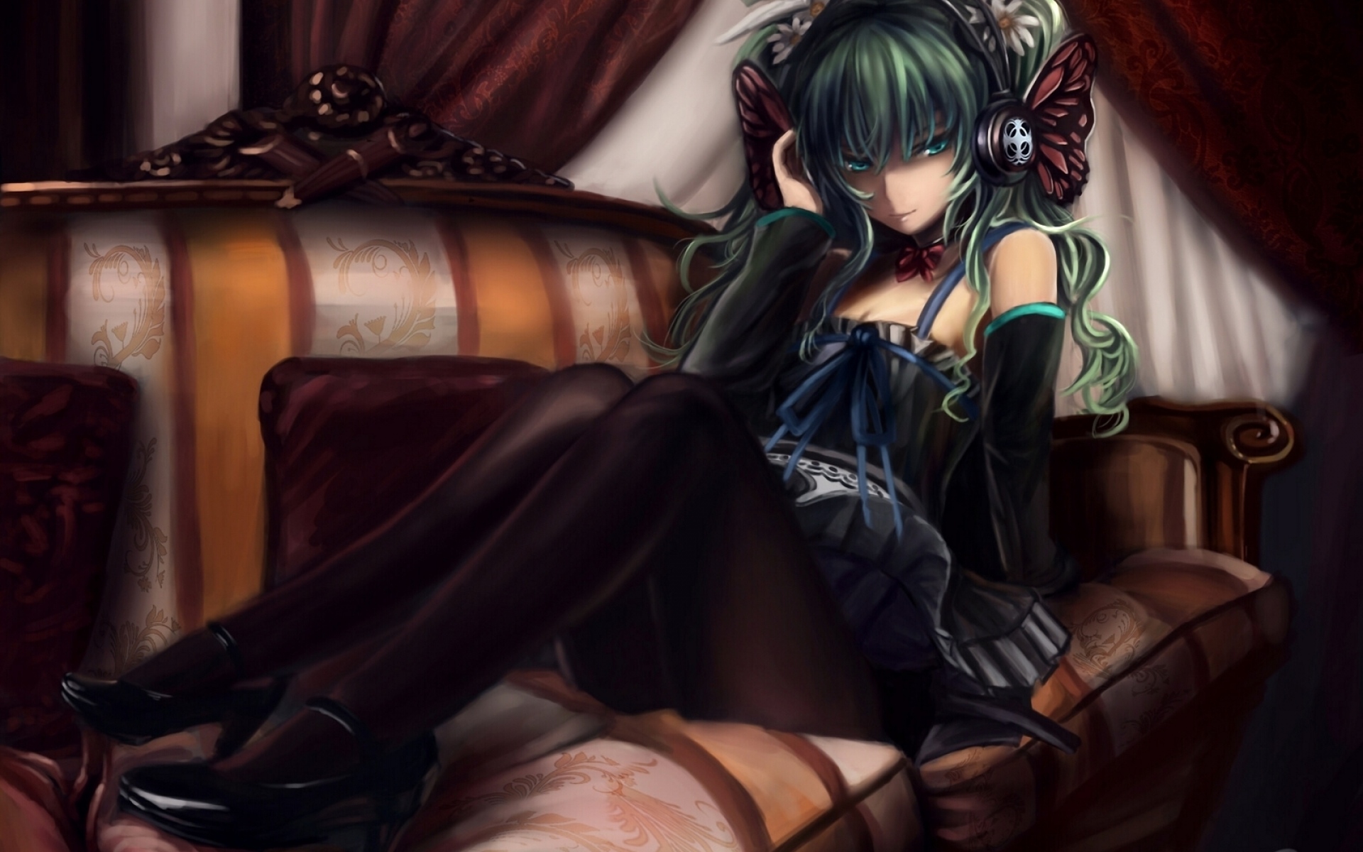 Картинки Искусство, cj man, hatsune miku, вокалоид, девушка, диван, наушники, цветы фото и обои на рабочий стол