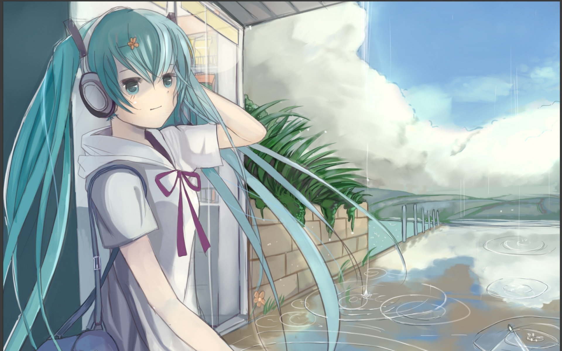 Картинки Hatsune miku, девушка, наушники, волосы, глаза, зонтик, трава, школьница, дождь, школьная сумка фото и обои на рабочий стол