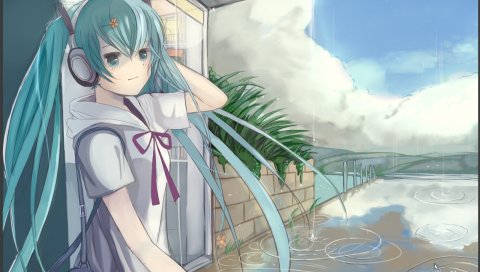 Hatsune miku, девушка, наушники, волосы, глаза, зонтик, трава, школьница, дождь, школьная сумка