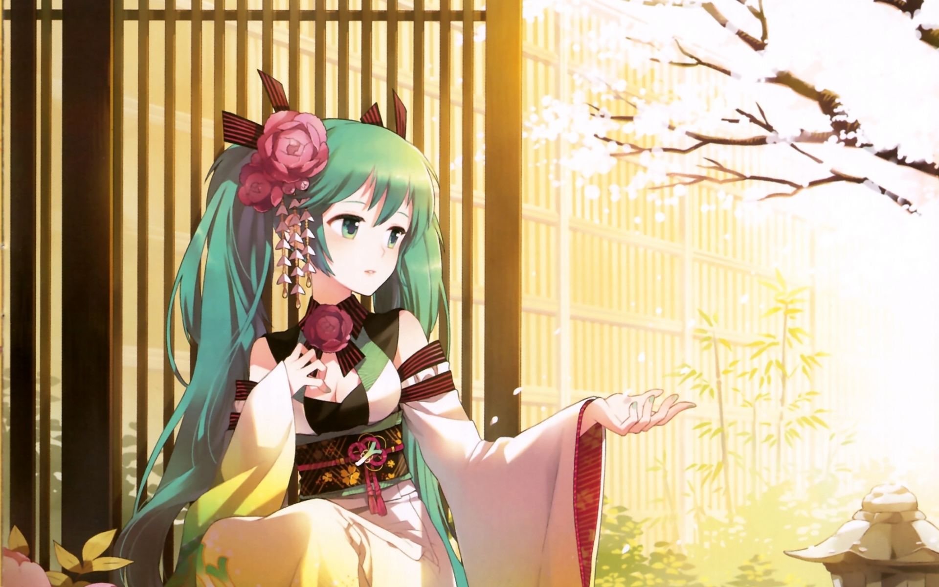 Картинки Hatsune miku, девушка, два хвоста, цветы, лепестки, деревья, волосы, цветок фото и обои на рабочий стол