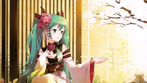 Hatsune miku, девушка, два хвоста, цветы, лепестки, деревья, волосы, цветок