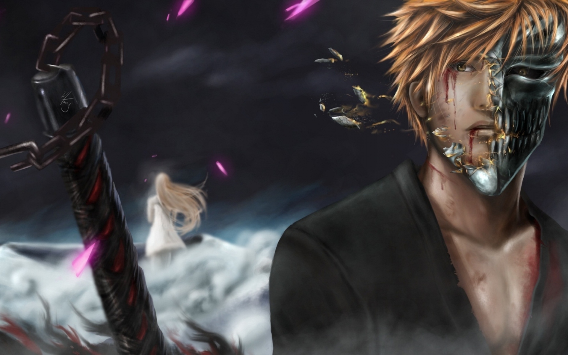 Картинки Bleach, kurosaki ichigo, inoue orihime, мальчик, девушка, ручка меча, раны, кровь фото и обои на рабочий стол