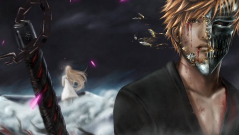 Bleach, kurosaki ichigo, inoue orihime, мальчик, девушка, ручка меча, раны, кровь