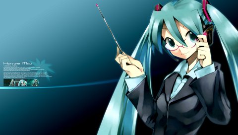 Вокалоид, hatsune miku, два хвоста, очки