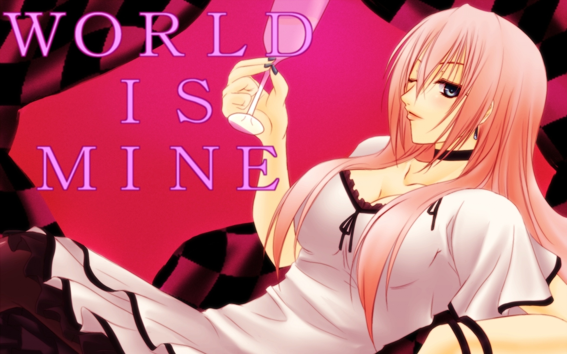 Картинки Мир мой, вокалоид, megurine luka, девушка, голубые глаза, платье, розовые волосы, серьги, стекло фото и обои на рабочий стол