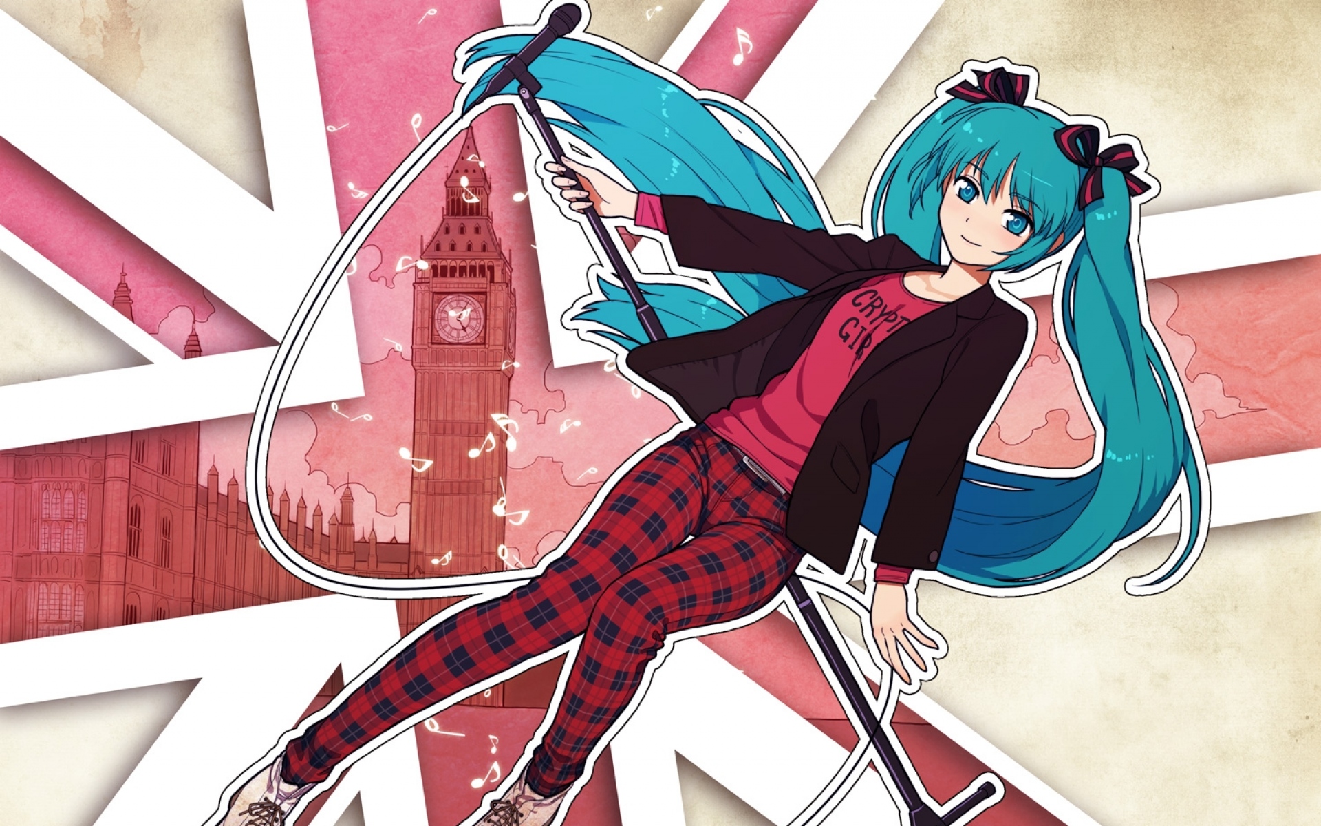 Картинки Hatsune miku, девушка, два хвоста, улыбка, волосы, глаза, пояс, куртка фото и обои на рабочий стол