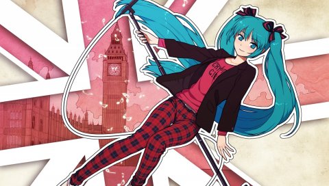 Hatsune miku, девушка, два хвоста, улыбка, волосы, глаза, пояс, куртка