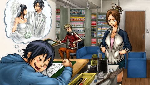 Bakuman, masiro moritaka, akito takagi, kaya miyoshi, miho azuki, мальчики, девочки, сон, жених, невеста, комната, друзья