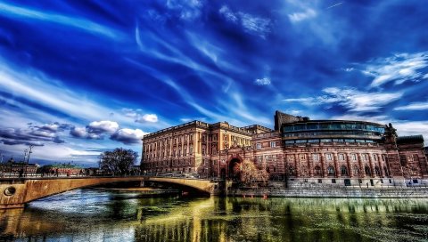 Замок, мост, река, камень, hdr