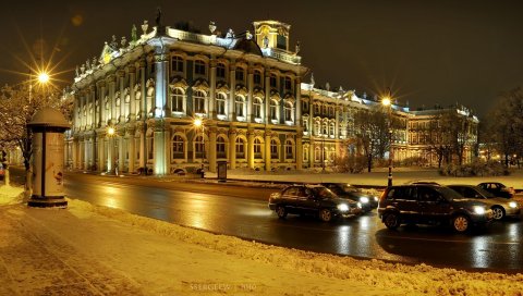 Россия, петербург, петерхоф, зима, улица, дорога, здание