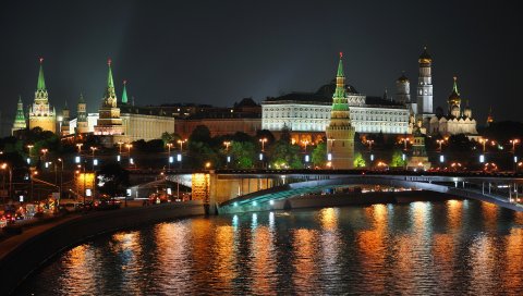 Ночь, москва, городские огни, река, hdr