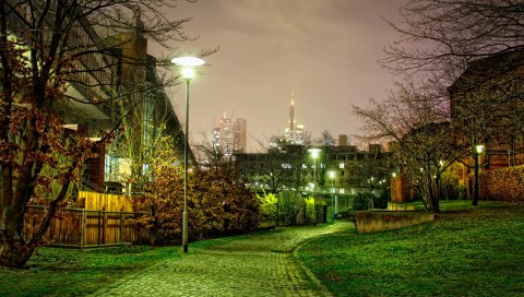 Дорожка, деревья, пейзаж, ночная улица, hdr