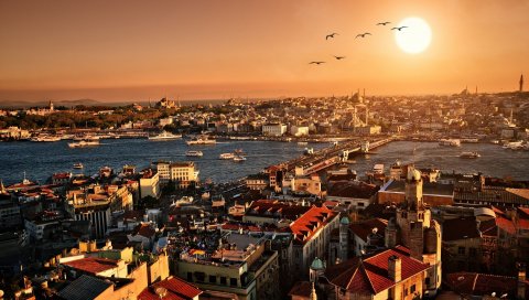 Вечер, закат, индейка, панорама, Стамбул