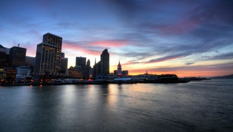 Здание, небоскребы, море, hdr