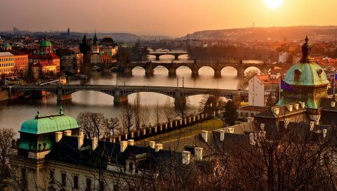 Prague, Чешская республика, мост, здание, река