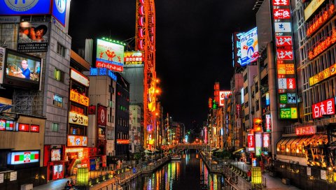 Osaka, asia, улица, огни город, здания