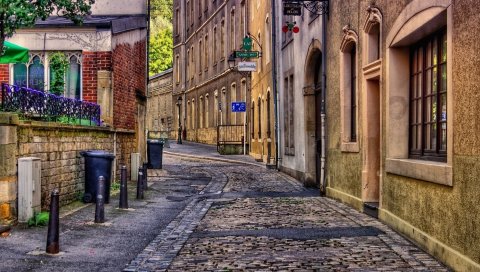 Город, улица, аллея, здание, кирпич, hdr