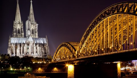 Кельн, Германия, мост, городские огни, городской пейзаж