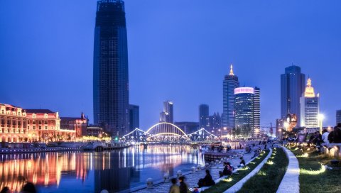 Сингапур, небоскреб, река, набережная