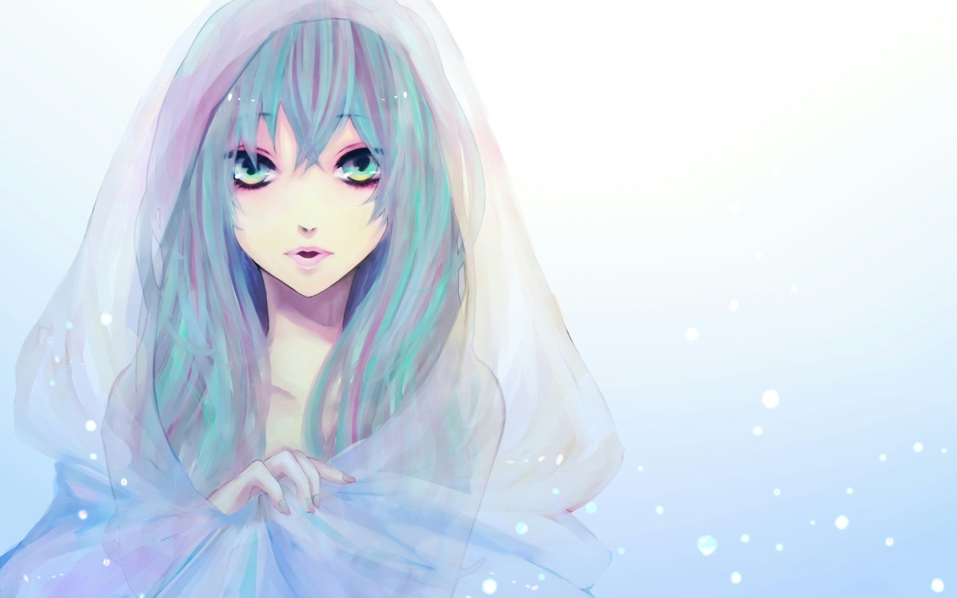 Картинки Hatsune miku, вокалоид, картина, девушка, капот, плащ, лицо, снег фото и обои на рабочий стол