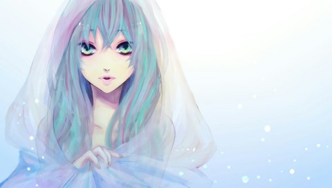 Hatsune miku, вокалоид, картина, девушка, капот, плащ, лицо, снег