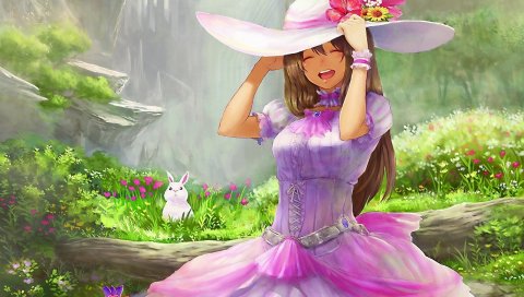 Искусство, гучико, pixiv, девушка, шляпа, платье, заяц, кролик, белый, эмоция, радость, лес, цветы
